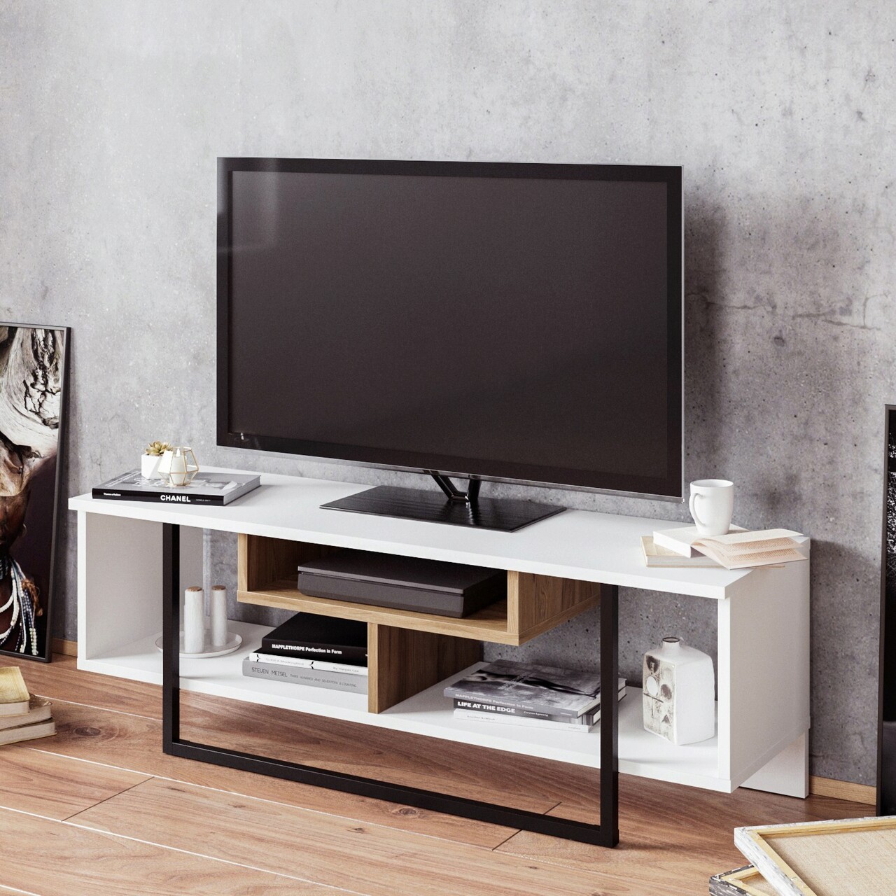 Comoda TV, Hanah Home, Asal (120), Alb / Negru / Stejar - imagine 6